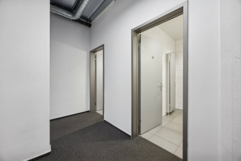 Empty room with grey carpet, white walls, three doors