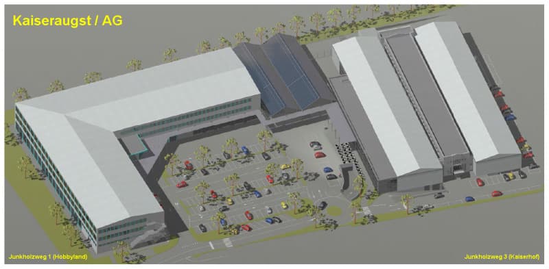 The image shows the floor plan of a large industrial or commercial building complex. It appears to have multiple buildings, including a large central structure with a parking lot in front. The buildings are labeled 'Kaiseraugst / AG' and 'Junkhofzweg 1 (H