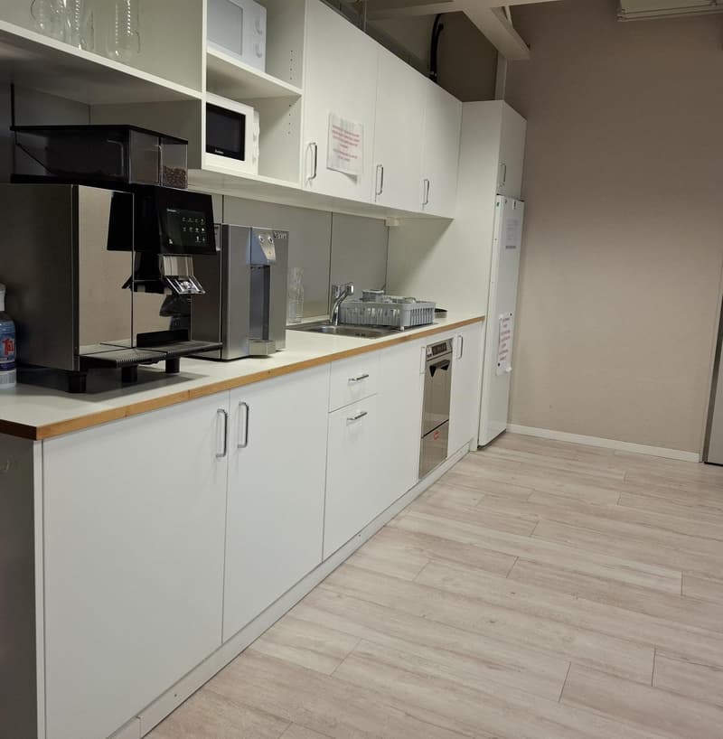 modern kitchen, espresso machine, microwave, sink, dishwasher, washing machine, tiled floor