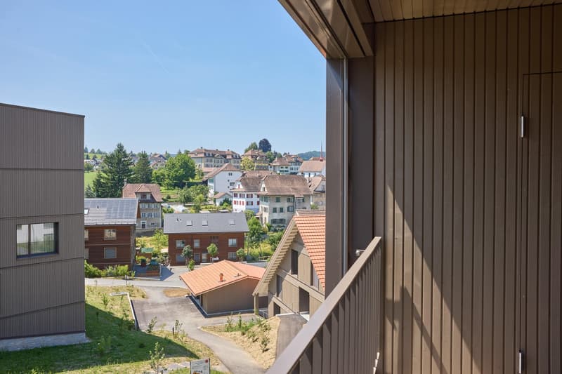 Building exterior with a balcony that provides a view of a neighborhood, including houses, green trees, and mountains
