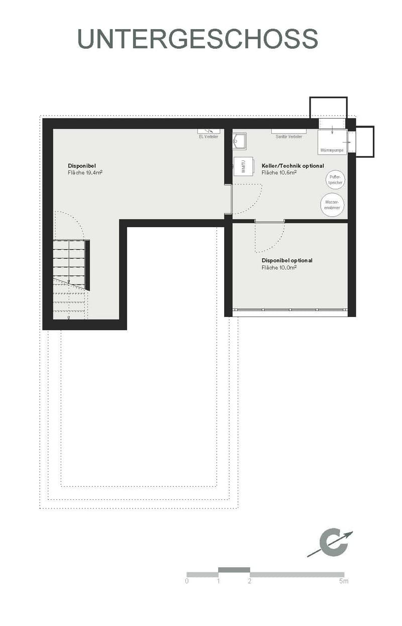 Floor plan of a basement level with a storage room, a technical room, and an optional cellar.