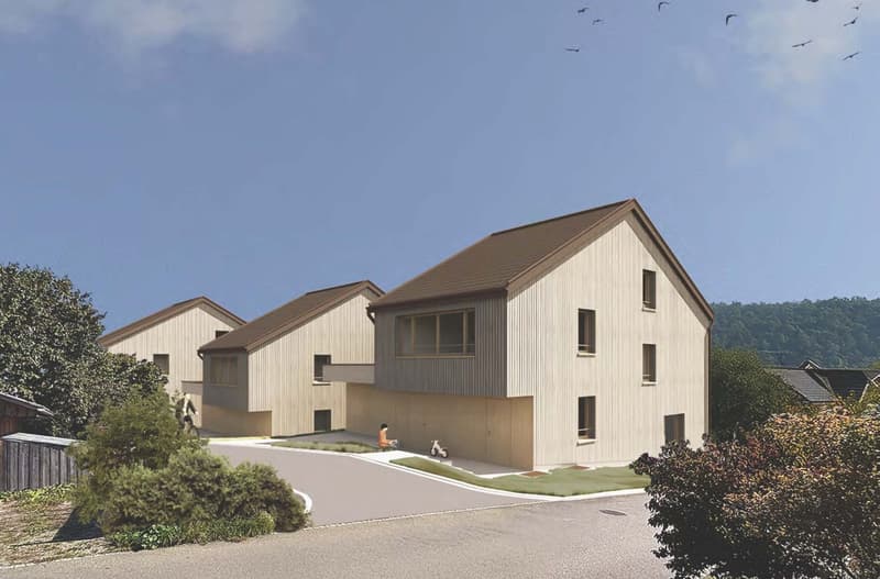 3 story house, brown roof, beige walls, 3 windows, driveway, garden, trees