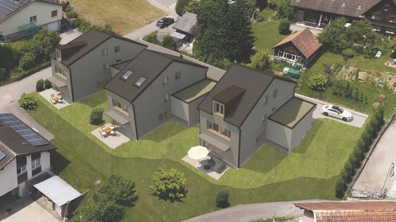 3 story house, brown roof, solar panels, terrace, garden, parking place