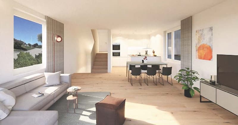 modern living room, large windows, wooden floor, gray couch, dining table, TV, potted plant