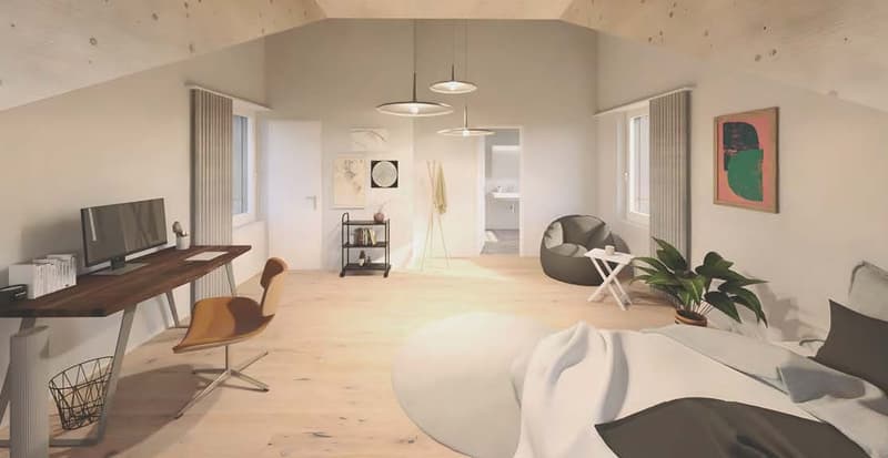 bedroom with desk, chair, bed, plant, artwork, lamps