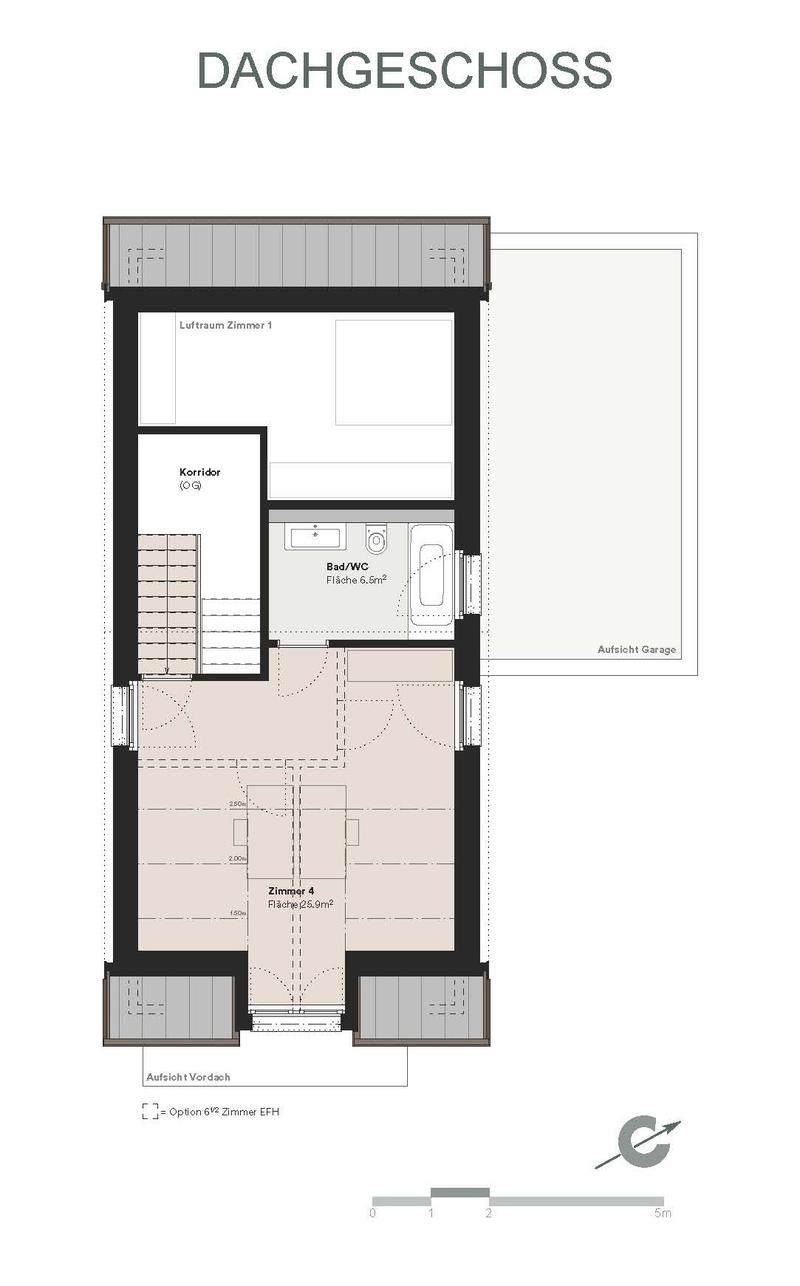 Floor plan of a Dachgeschoss with living room, corridor, bathroom, and bedroom, with a garage.
