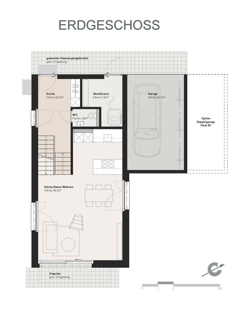 Entrance, living room, bedroom, kitchen/dining/living, WC, garage