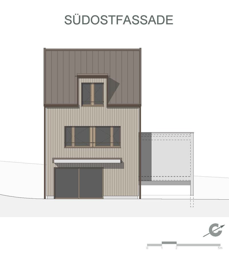 2 story house, garage, 3 windows, slanted roof