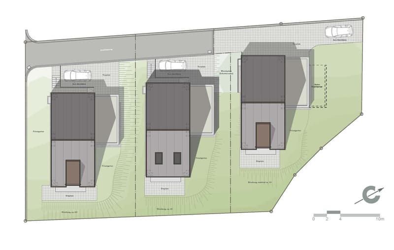 3 units, each with a garage, private garden, and parking space