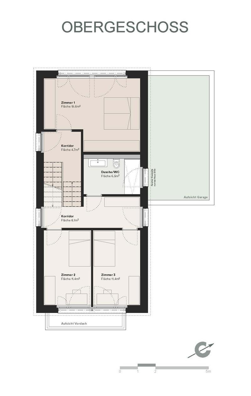 Floor plan of an apartment with 3 rooms, a corridor, a bathroom, and a covered garage.