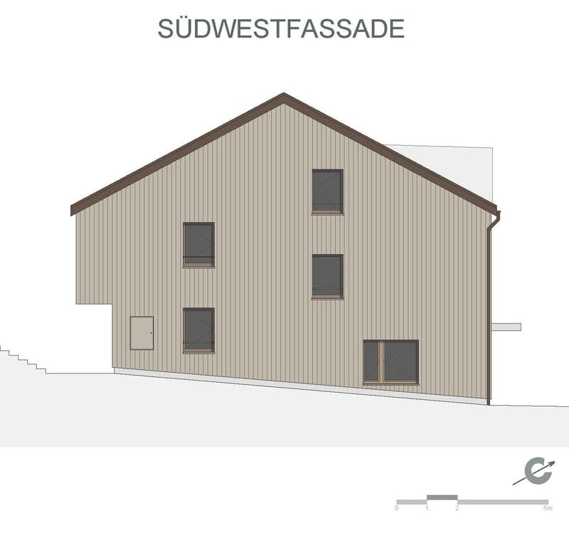 Southwest facade of a house with multiple windows and a door
