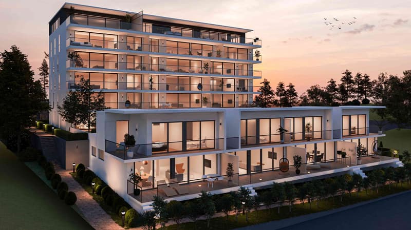 Contemporary high-rise building, white exterior, large glass windows, multiple terraces, elevated ground floor