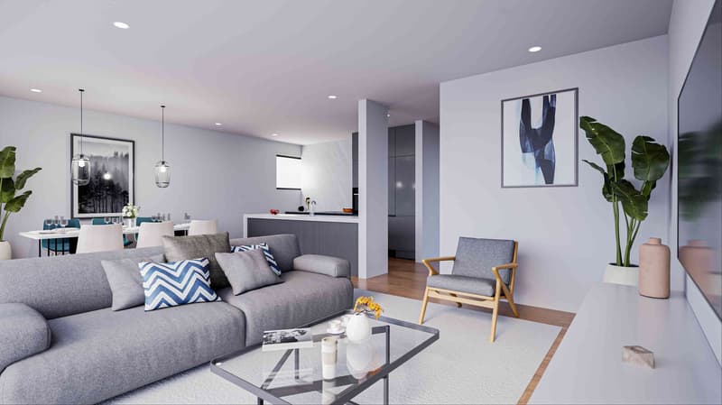 gray sofa, wooden coffee table, white rug, armchair, white walls, framed picture, glass side table, plants