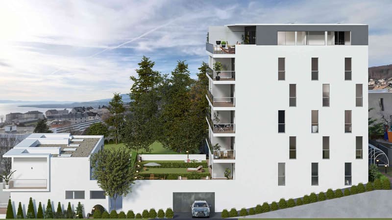 white apartment building, balconies, terraces, private garden, garage