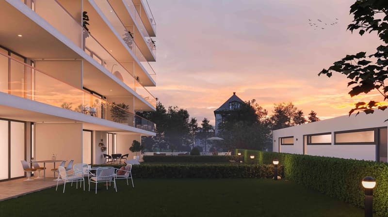 terrace, outdoor tables and chairs, garden area, well-lit, sunset view, swimming pool