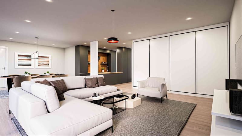 L-shaped sofa, 2 side tables, white chair, coffee table, center table, gray carpet, picture frames, modern lamp, TV