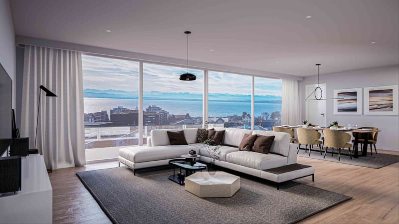 Leather sofa, center table, glass windows, curtains, lamp, speakers, wooden floor