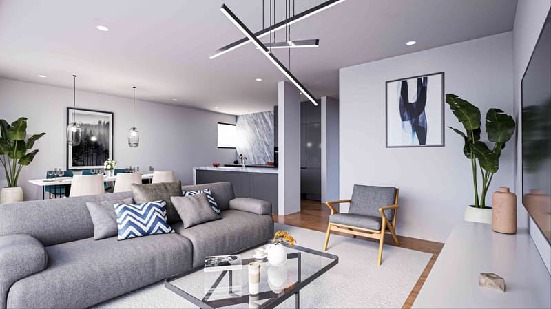 Gray sofa, armchair, glass table, carpet, plants, art pieces, kitchen