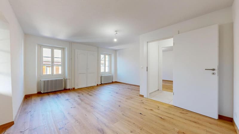 une pièce vide avec du parquet, dans un grand appartement / an empty room with wooden floors in a large apartment