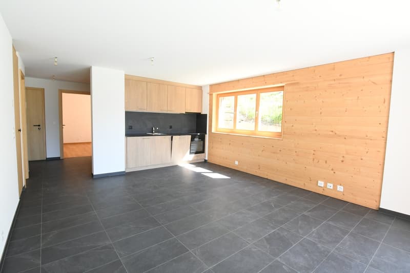 modern kitchen, black tiled floor, wooden wall, kitchen counter, windows, power outlets