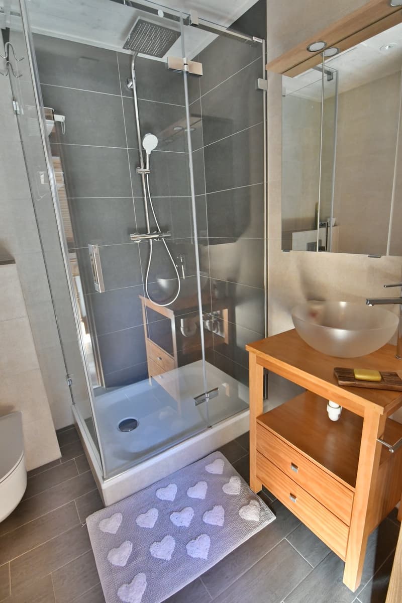 Bathroom with shower, toilet, and wooden vanity with sink and drawers, mirror, and soap dish