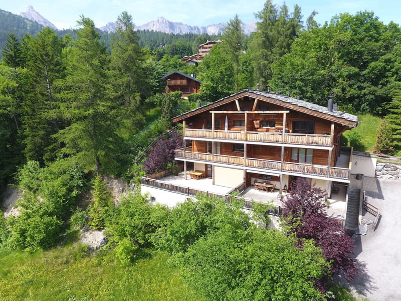 3-story wooden chalet-style house with balconies, surrounded by lush green trees and mountains in the background