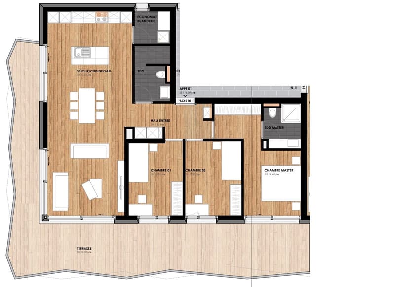 Living/kitchen/bedroom/bathroom, hall, terrace, bedroom, bedroom, master bedroom, bedroom