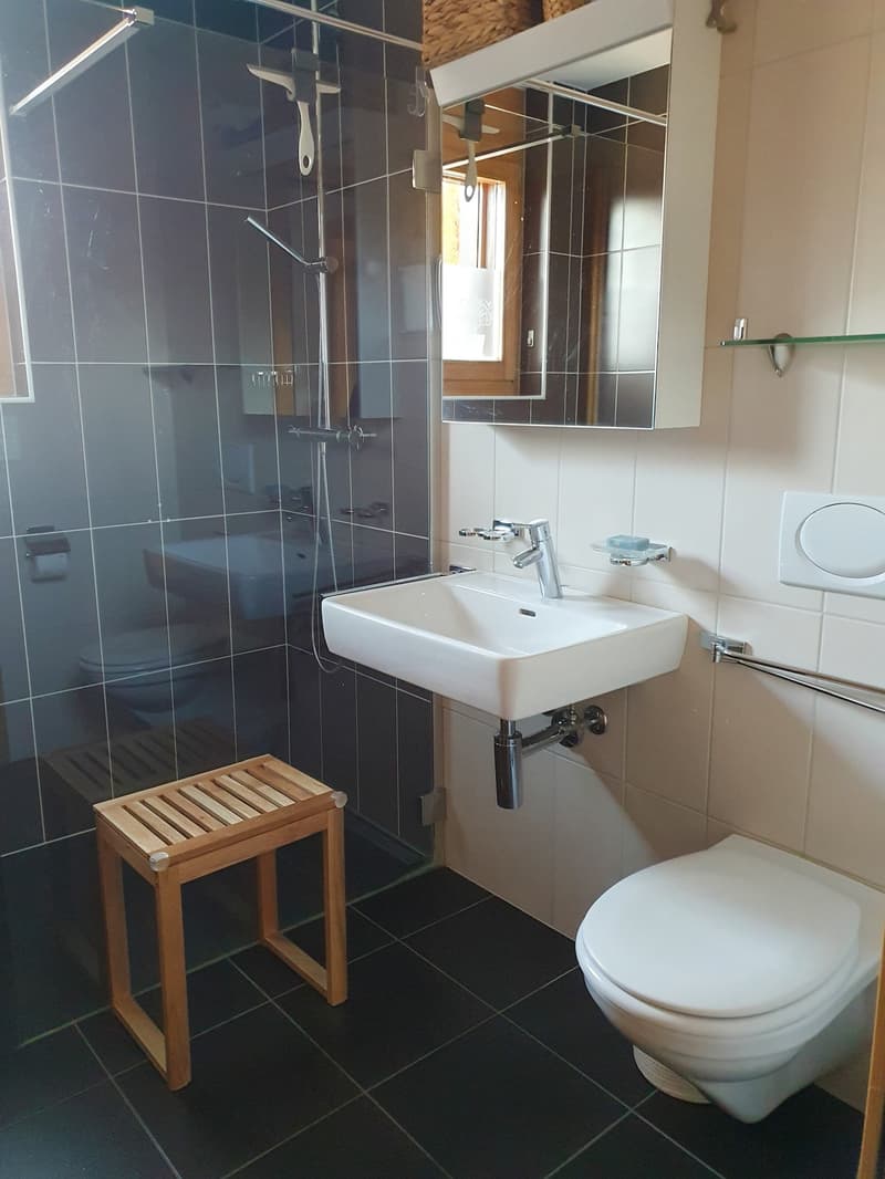 white tiled floor, white sink, white toilet, mirror, wooden stool, glass shower door