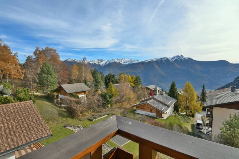 Mountain view house, wooden exterior, brown roof, balcony