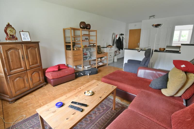 Spacious living room with hardwood floors, white walls, wooden shelving unit, antique cabinet, red leather sofa, coffee table, and various decor items