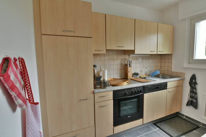 Fully equipped kitchen with wooden cabinets, tiled backsplash, oven, and dishwasher. Countertop with cooking utensils and kitchen towels visible.