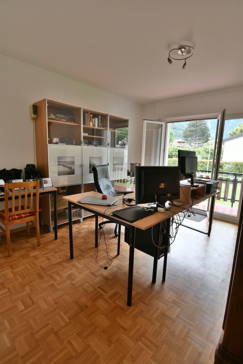 Spacious home office with wooden flooring, large windows providing a view, a desk with multiple computer monitors and peripherals, and a shelving unit with glass doors displaying various items.