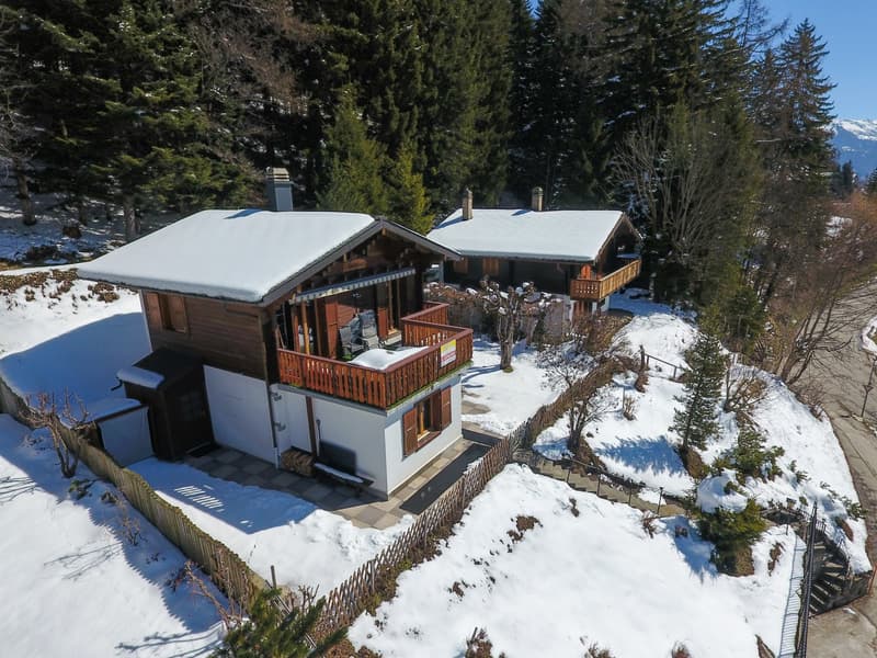 wooden chalet, snow covered roof, wooden balcony, wooden fence, snowy surroundings
