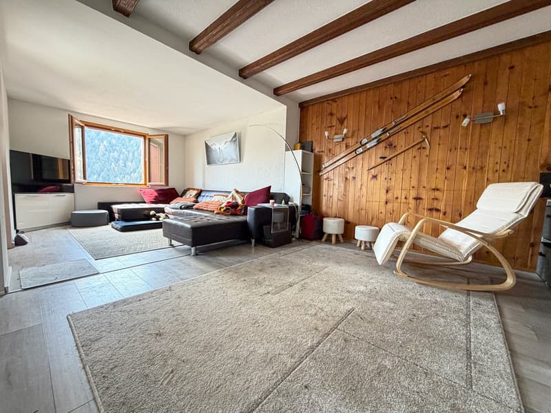 Living room with wooden wall, carpet, couch, armchair, TV, window, skis on wall