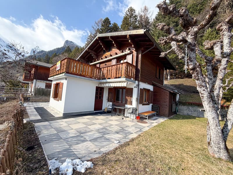wooden chalet, balcony, patio, garden, mountain view
