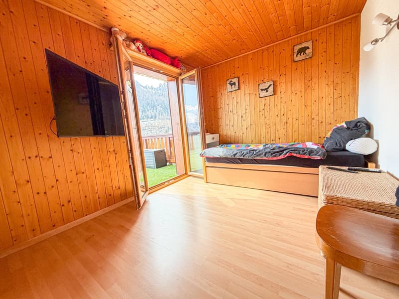 wooden walls, wooden floor, bed, TV, open door to balcony, small table, wicker basket