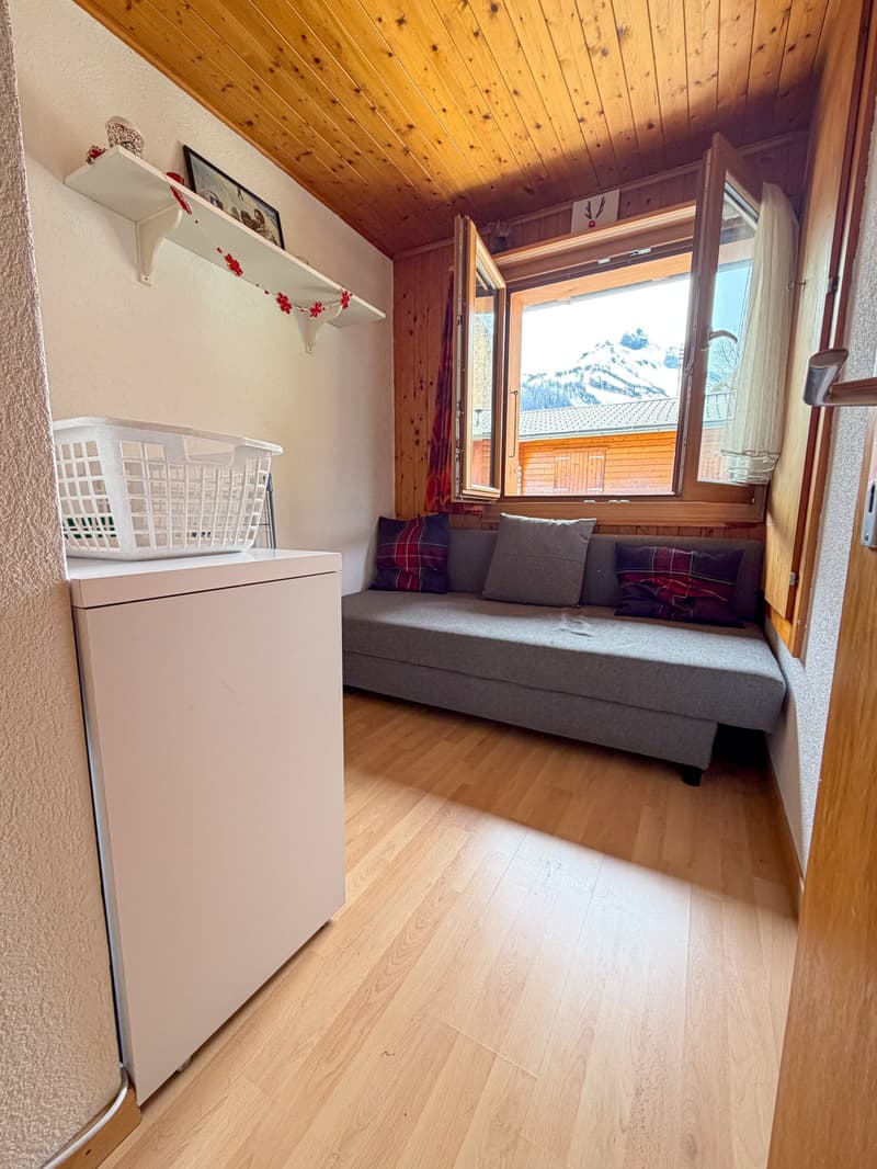 small room with wooden floor, gray sofa, white shelf, white laundry basket, open window with view of mountains