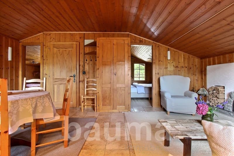 Rustic wooden cabin interior with wood paneled walls and ceiling, wooden furniture including a table and chairs, a fireplace, and a cozy living area with an armchair.
