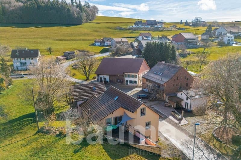 detached farm with two houses and various outbuildings in a rural setting with a large lawn and fields