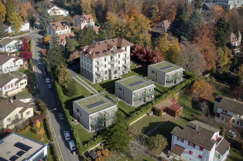 The image shows a residential area with several multi-story apartment buildings and houses surrounded by trees in autumn foliage. The buildings have balconies and there are parking spaces visible on the street.