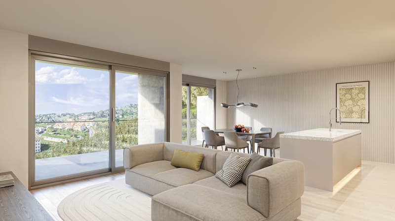 Spacious open-plan living area with large windows offering a scenic view, a comfortable gray sectional sofa, a dining table with chairs, and a modern kitchen with a marble countertop