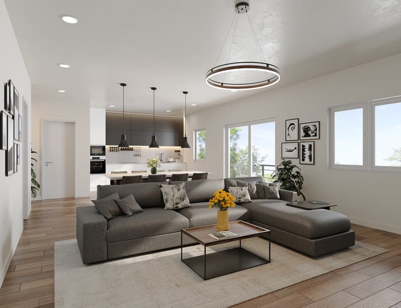 living room with large windows, gray couch, dining table, plants, lamps