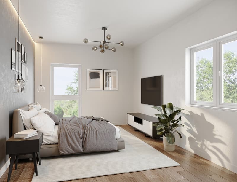 modern bedroom with a large bed, gray walls, white windows, bed side tables, modern lamps, a television, and a rug