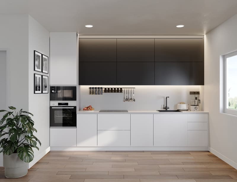 modern white kitchen with black cabinets, wooden floor, integrated appliances, pendant lighting, framed pictures on the wall
