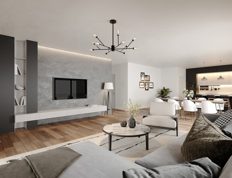 wooden floor, grey couch, white armchairs, round table, lamp, TV, bookshelves, black ceiling lamp