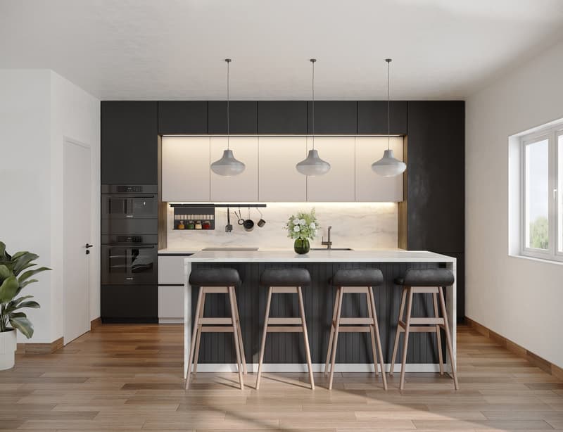 modern kitchen with black cabinets, white countertops, wooden floors, 4 bar stools, hanging lamps, marble countertop, black and white appliances