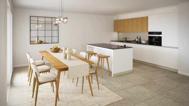 The image shows a modern, open-concept kitchen and dining area. The kitchen features white cabinets, a dark countertop, and built-in appliances including a dishwasher. The dining area has a wooden table with white chairs, and a decorative mirror on the wa