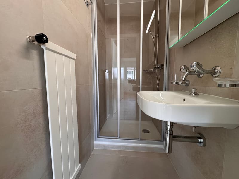 modern bathroom with a white sink, glass shower, white tiles