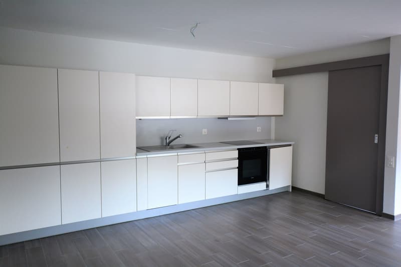 Modern kitchen with white cabinets, stainless steel appliances, and hardwood flooring