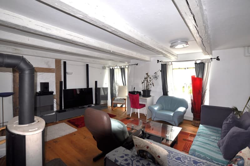 Spacious living room with exposed wooden beams on the ceiling, a fireplace, a large TV stand with a flat-screen TV, a blue armchair, a glass coffee table, and various decorative elements such as plants and artwork.